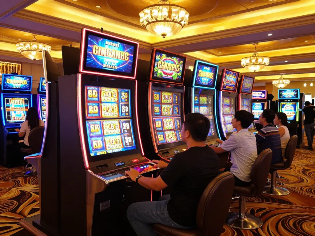 Engaged player activating slot gacor machines in lively casino environment filled with vibrant visuals and competitive players.