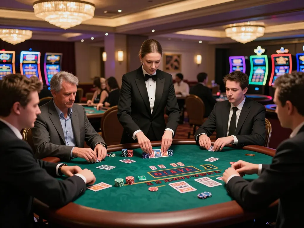 Players enjoying a thrilling blackjack game at QQ88's upscale live casino, showcasing luxury and excitement.
