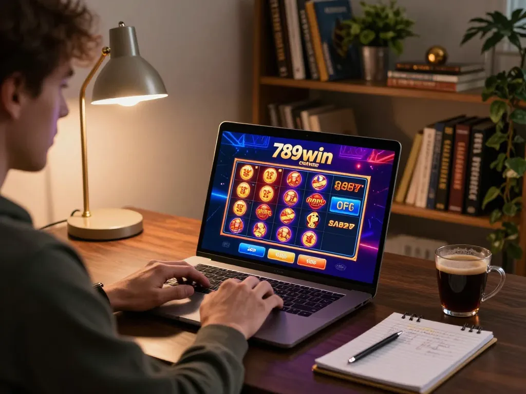 A player enjoying an online casino game at 789win com on their laptop while reviewing betting strategies.