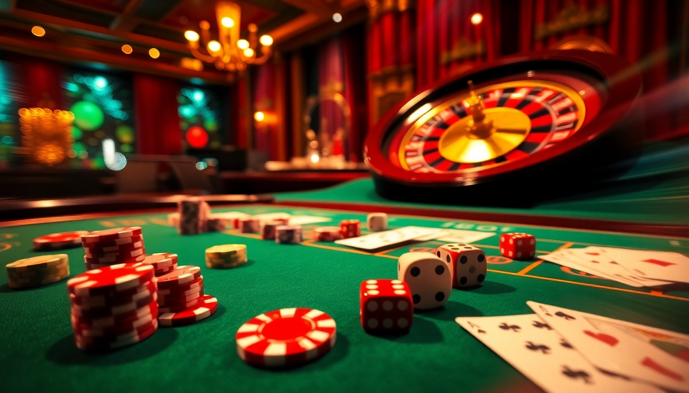 Engaging casino scene highlighting trang chủ fly88 with poker chips and vibrant atmosphere.