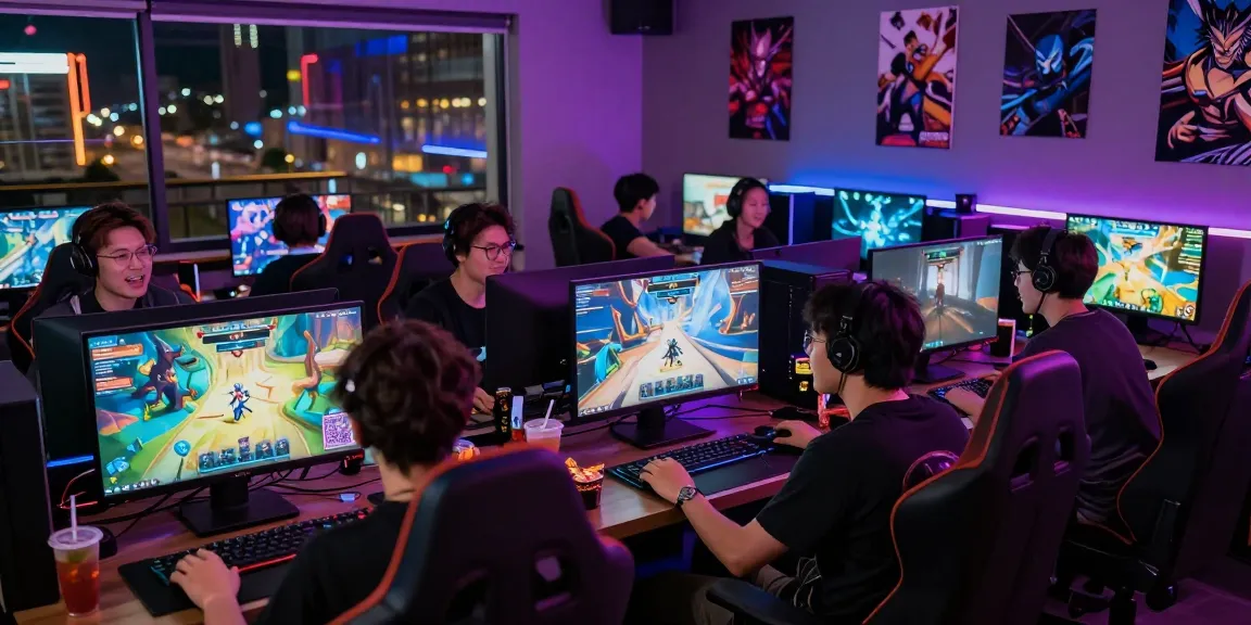 Group of adults playing ecchi games online in a vibrant gaming lounge with colorful lights and engaging gameplay.