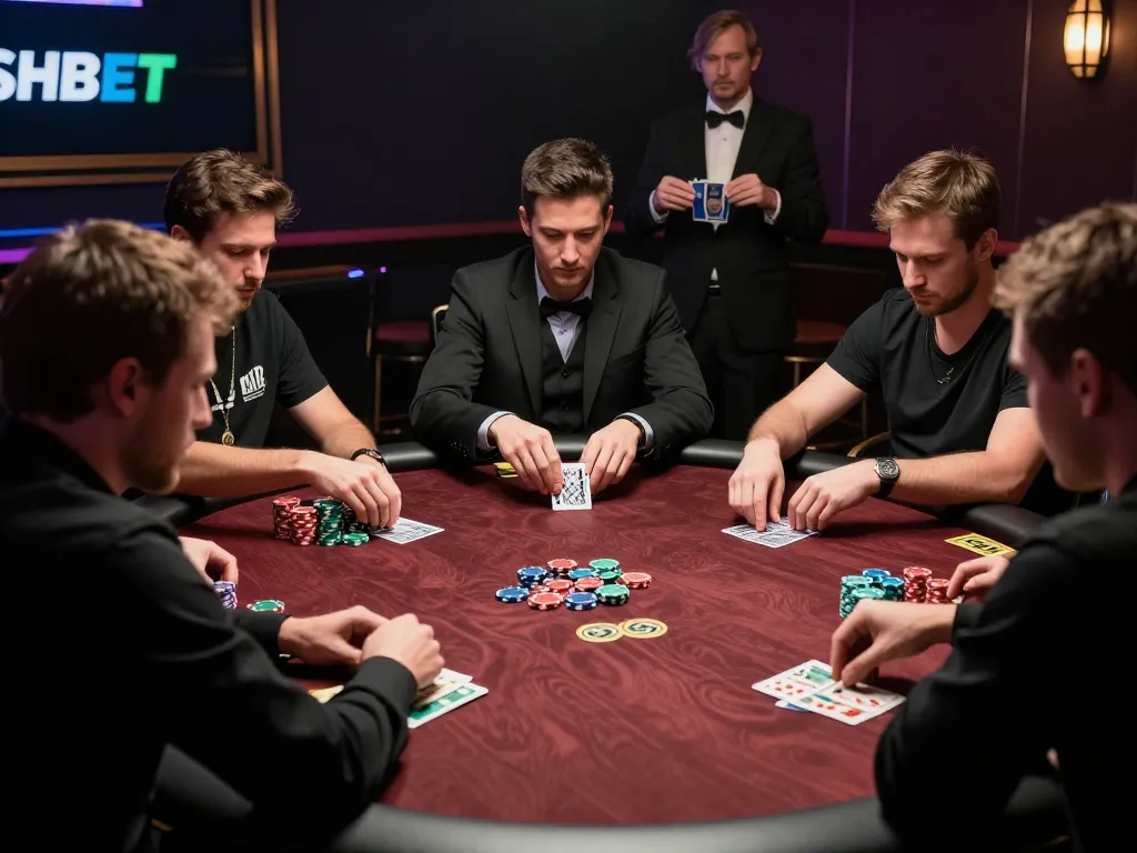Players engaging in a tense poker game at SHBET casino, showcasing strategy and skill.
