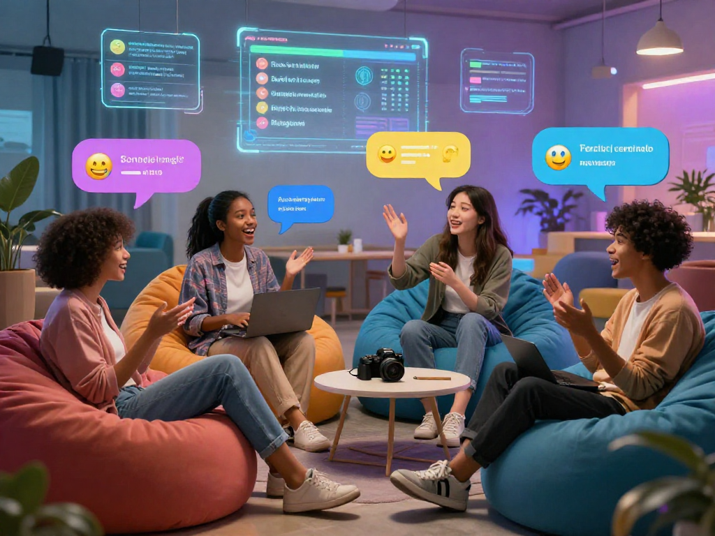 Engaging AI chat interactions scene highlighting diverse users participating in lively conversations with avatars, showcasing ai chat porn dynamics.