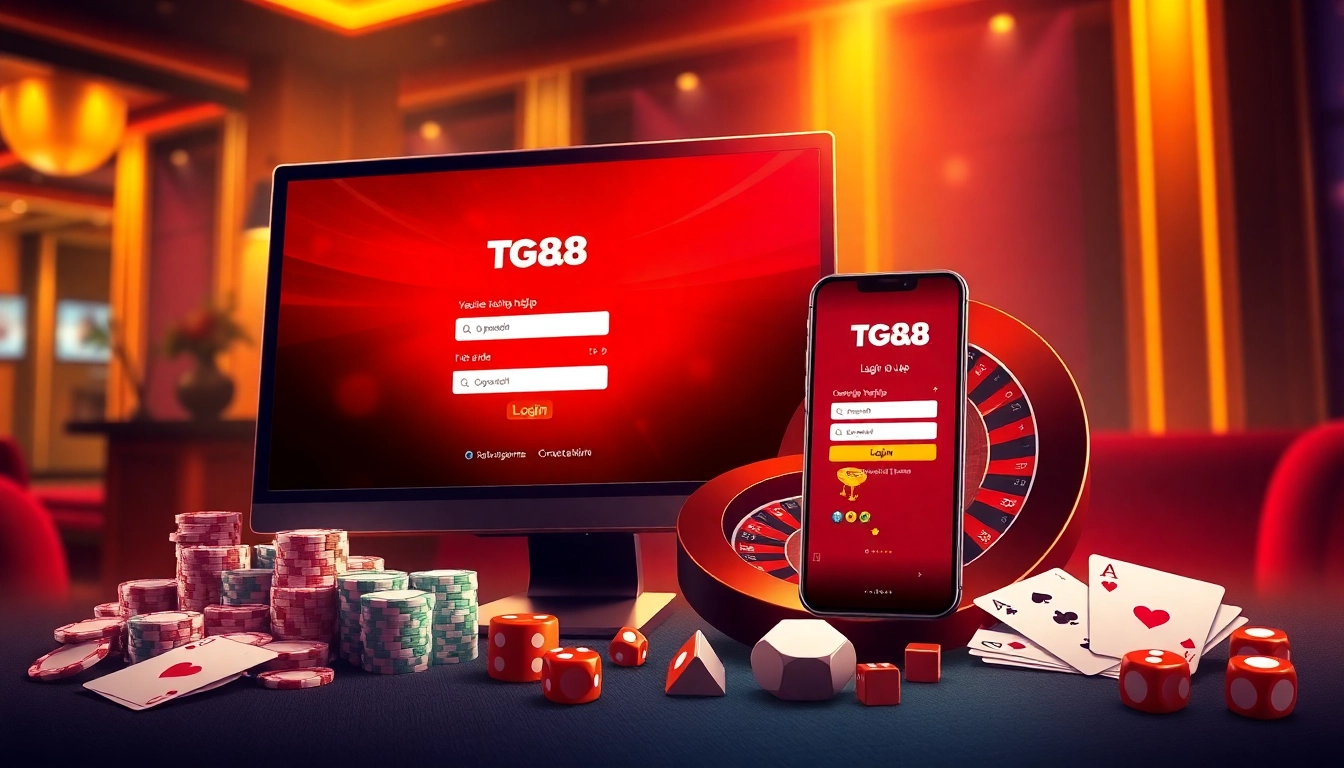 Engaging TG88 đăng nhập login screen with dynamic poker chips and roulette wheel enhancing casino betting action