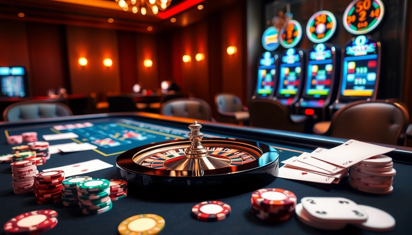Captivating casino atmosphere highlighting lc88 bet with colorful chips and a spinning roulette wheel.