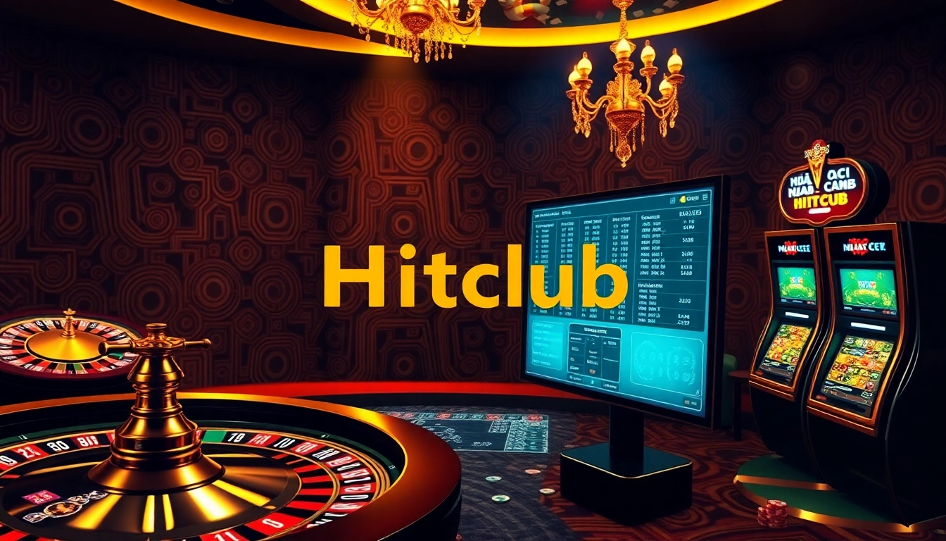 Engaging gambling scene with Nhà cái Hitclub logo, showcasing online gaming elements and luxurious atmosphere.
