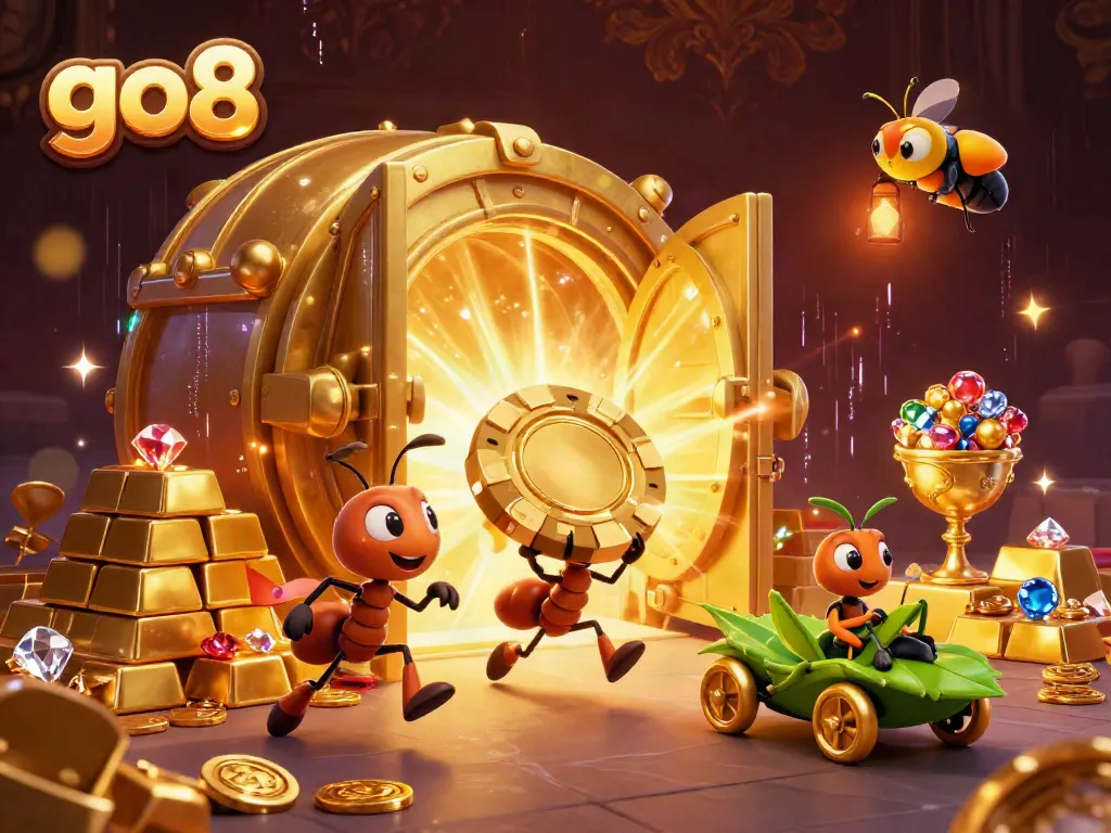 Go8 ants carry a giant poker chip through a treasure vault, illustrating the thrill of gaming.