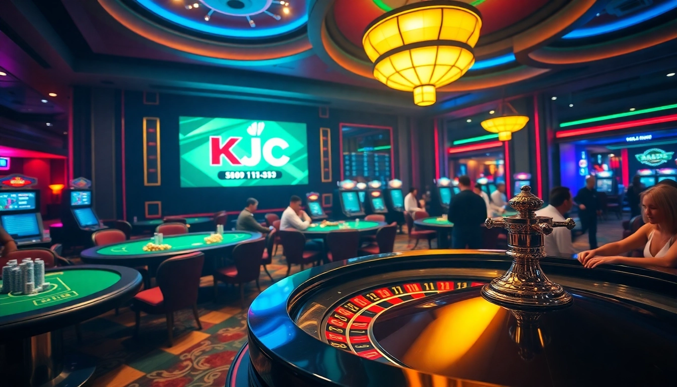 KJC showcases an exciting gambling scene with poker tables, roulette wheels, and vibrant neon lights.