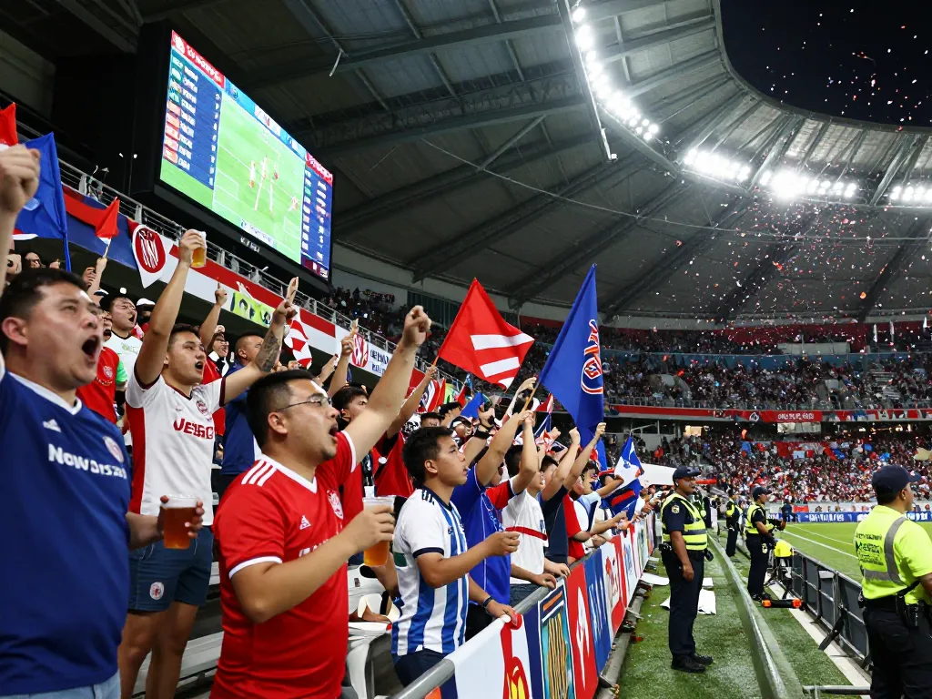 Fans cheering in stadium while following nowgoal live scores during a soccer match.