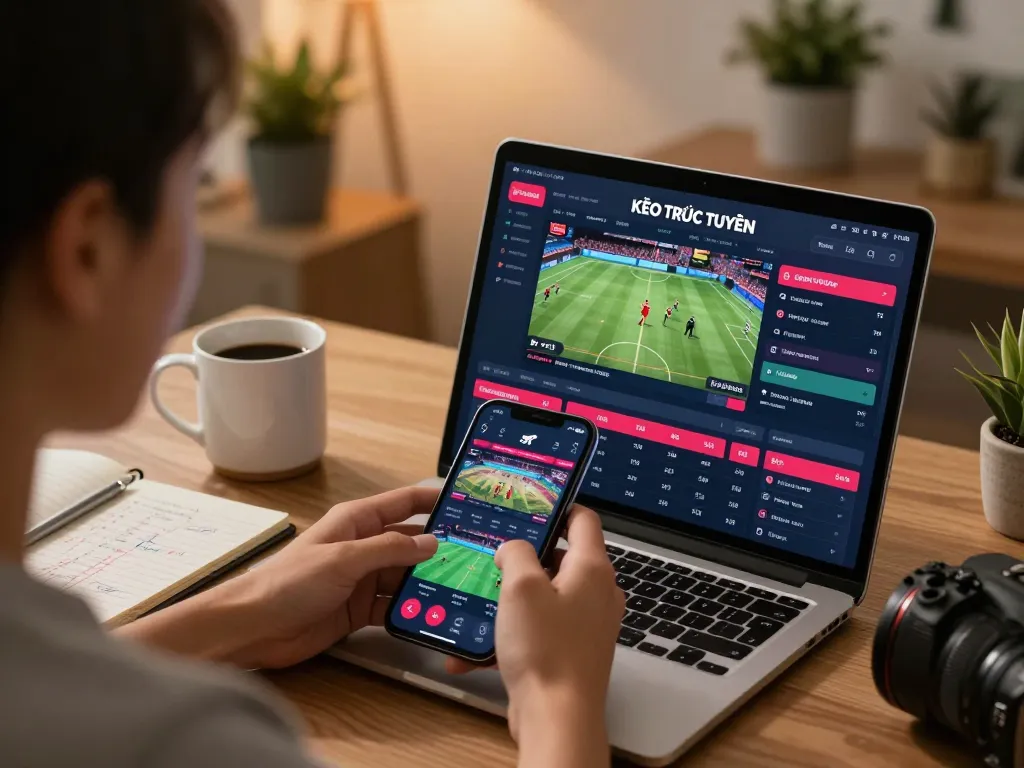 KÈO TRỰC TUYẾN betting odds displayed on smartphone, showcasing a dynamic sports betting scene.