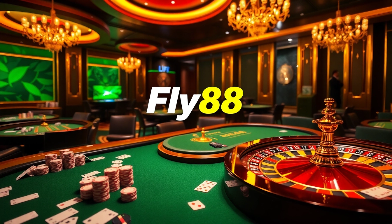 Engaging casino scene featuring nhà cái Fly88 with poker chips and roulette.