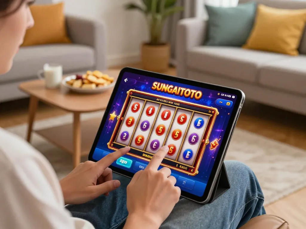 SUNGAITOTO user enjoying online slots on tablet, creating vibrant home gaming atmosphere.