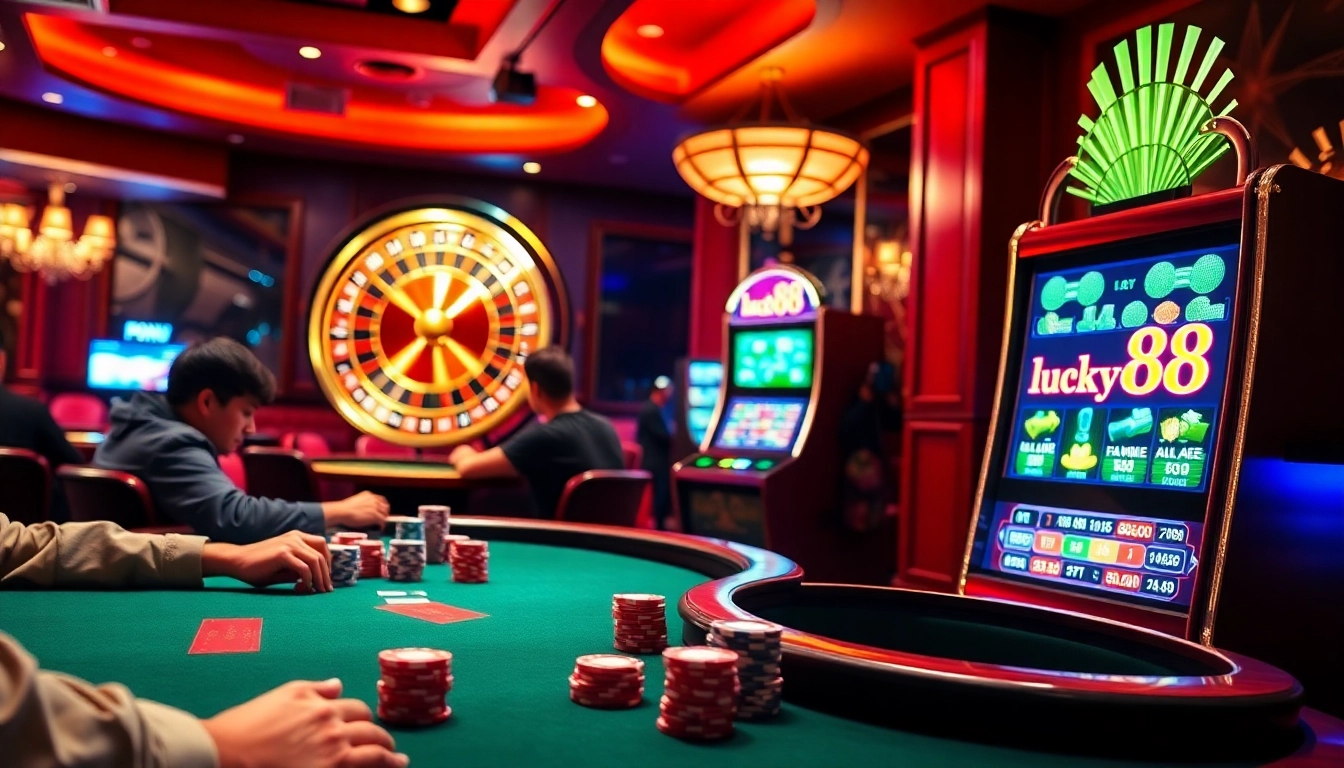Players enjoying intense gambling action at Lucky88's vibrant casino environment with poker, roulette, and slot machines.