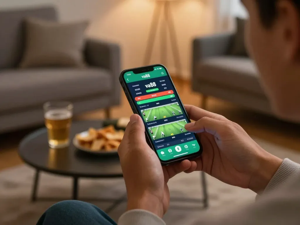 Engaging user placing bets on the va88 app in a cozy home sports setting.