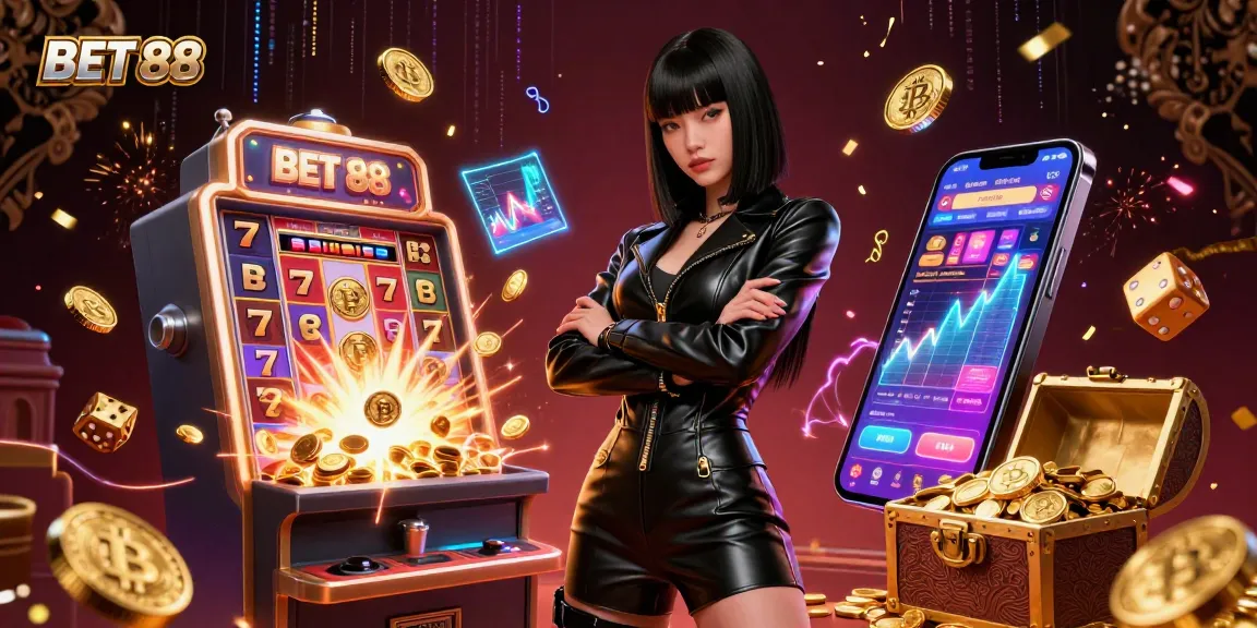 Engage in thrilling gameplay at BET 88 with a stunning Asian woman amidst cascading Bitcoin coins and jackpot slots.