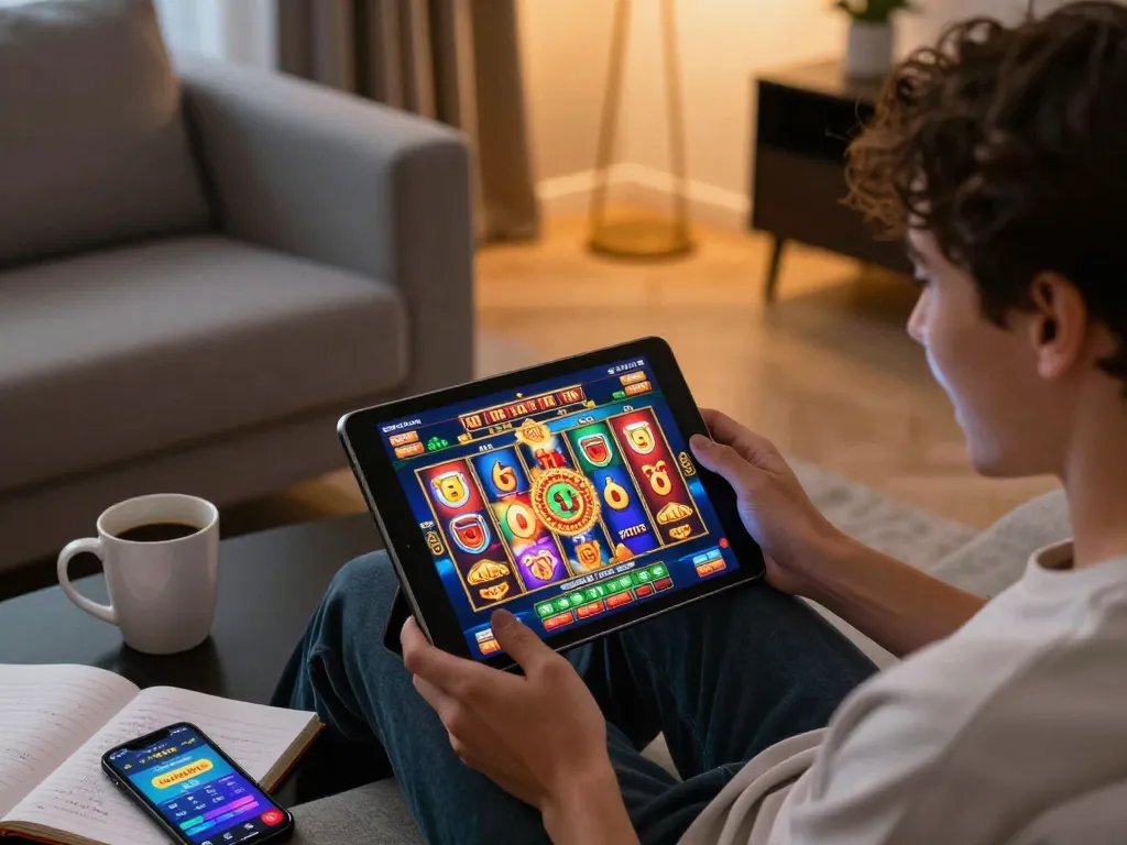 Player enjoying a thrilling slot game on uu88 app in a cozy home setting, showcasing online gambling excitement.