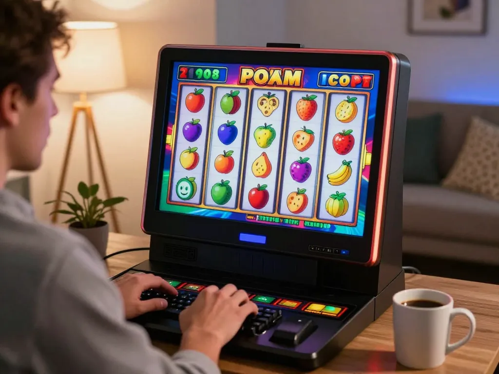 Player enjoying max88 slots at home, vibrant spinning reels in cozy setting