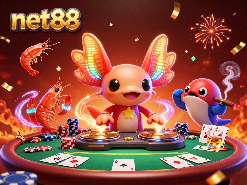 net88 showcases a vibrant 3D scene with a DJ axolotl spinning records amidst a lively poker atmosphere.