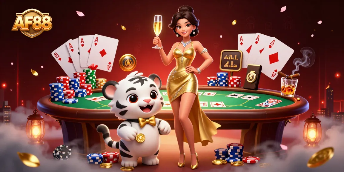 Engage with AF88 for a thrilling gaming experience featuring a glamorous woman and a lucky tiger amid poker chips.