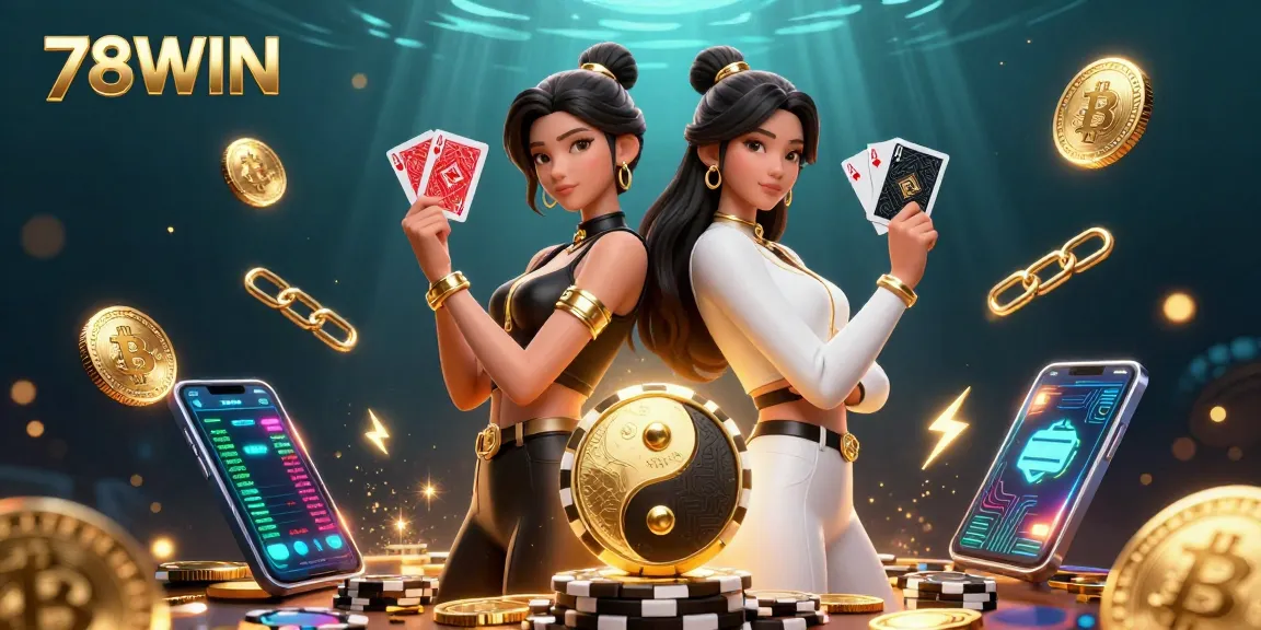Engage with the vivid world of 78WIN's casino experience, showcasing twin women in striking outfits holding cards.