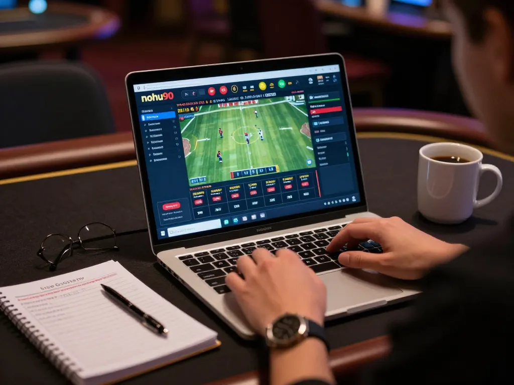 Engaging in live sports betting on nohu90 with a cozy gaming setup and notebook.