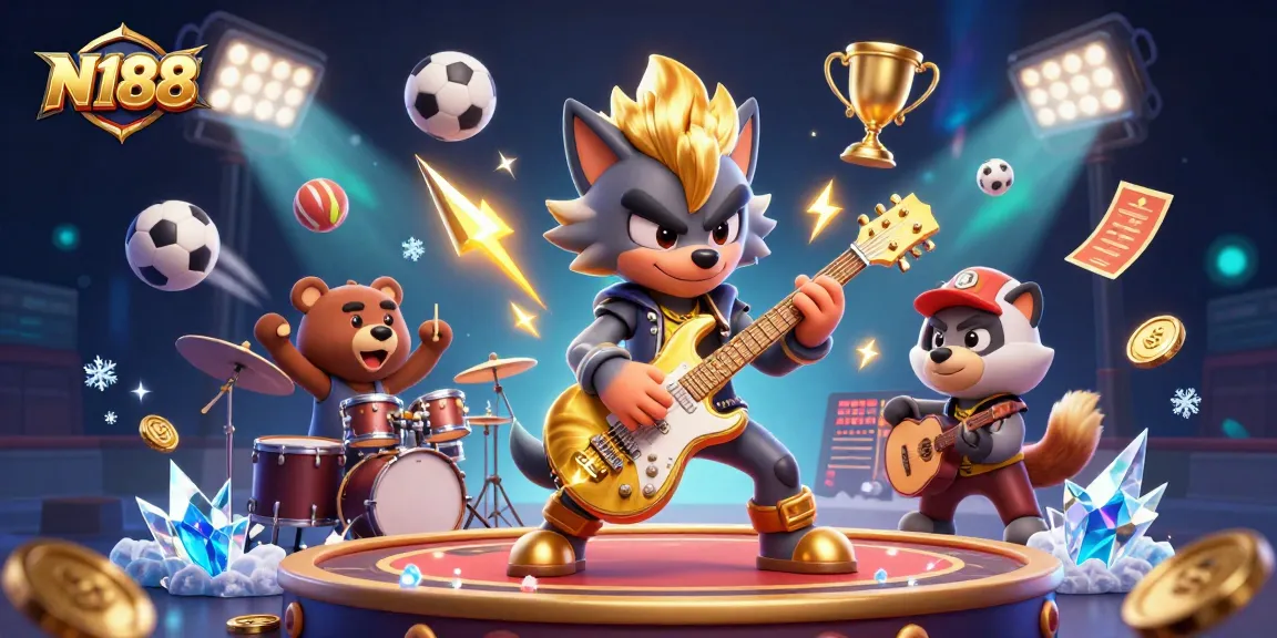 N188 casino illustration featuring a dynamic rock star wolf and drummer bear in a vibrant gaming atmosphere.