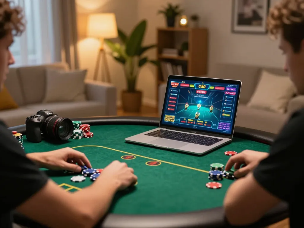 VIPWIN player engaged in online poker, showcasing vibrant game interface and cozy setup.