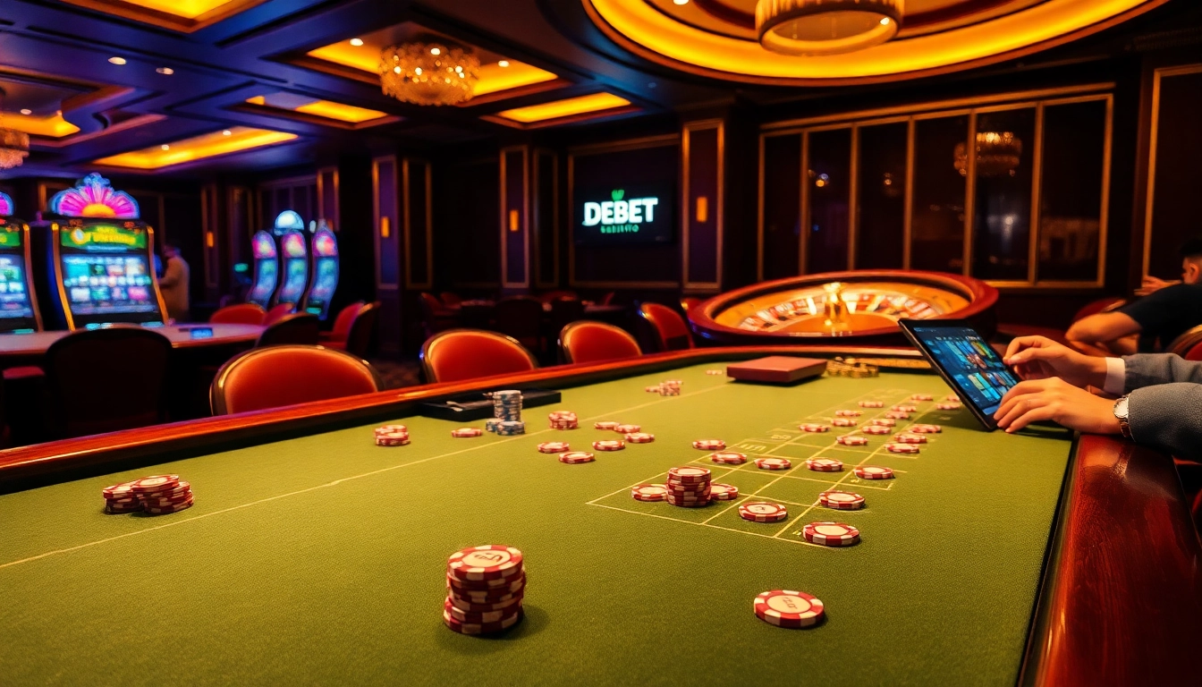 Experience the excitement at DEBET with players engaging in blackjack under luxurious casino lighting.
