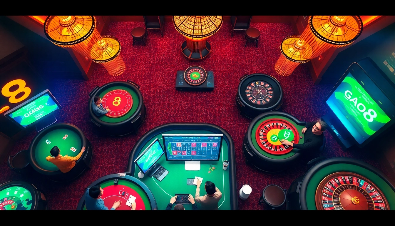Cổng game Go8 with vibrant casino tables, engaged players, and digital gambling excitement.