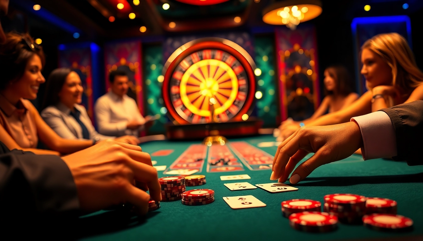 Players engaged in an exciting game at a high-end casino table with jbo-themed elements.