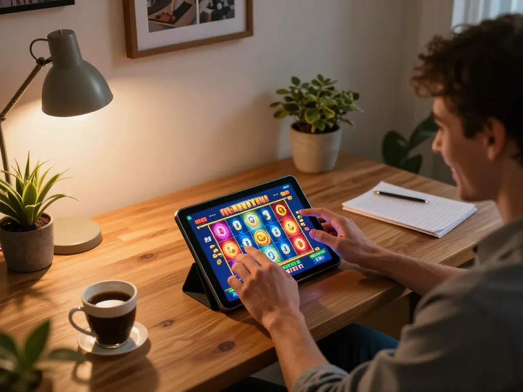 Kaya88 player enjoying online slots on a tablet in a cozy setting, highlighting engaging home gaming experience.