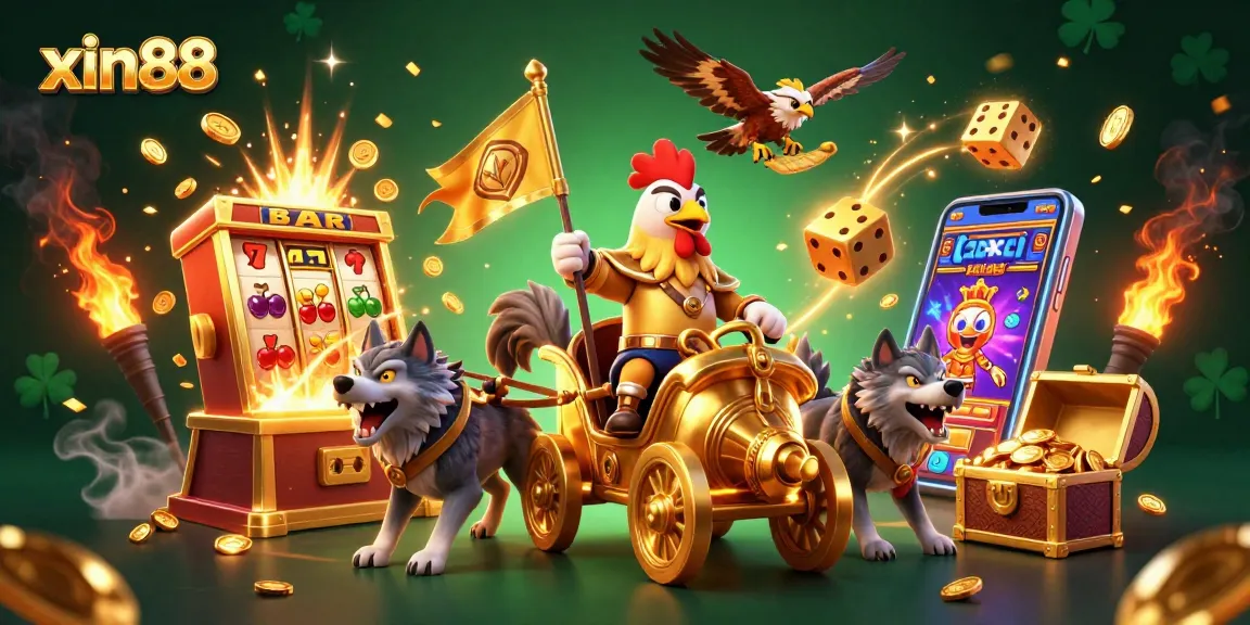 Experience the excitement of xin88 with a vibrant 3D scene featuring slot machines and a golden war chariot.