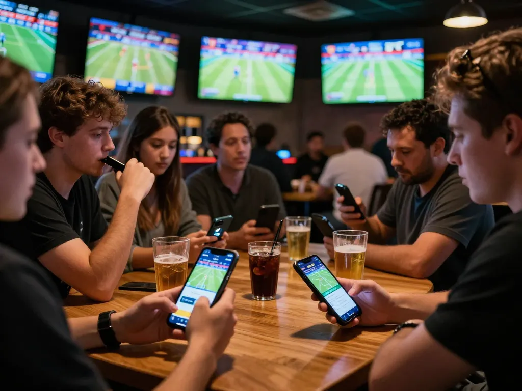 Tỷ lệ kèo nhà cái hôm nay displayed on a mobile app during a lively sports betting event in a bar.