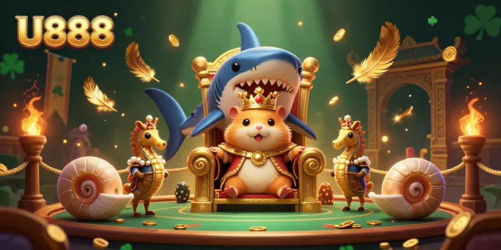 Experience the excitement of U888 with a fierce hamster king and dynamic gaming elements in a vibrant casino scene.