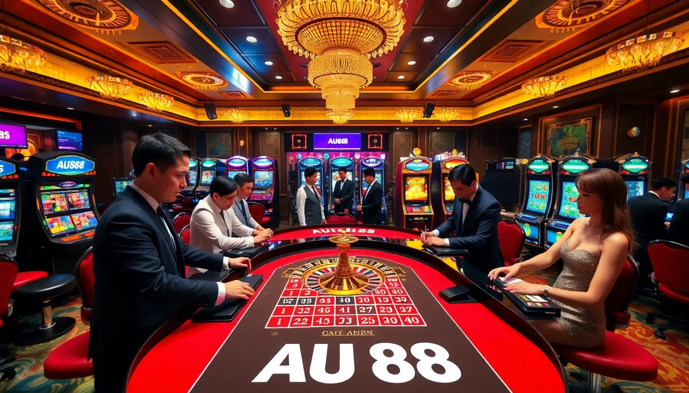 Players enjoying a thrilling AU88 gambling experience at a luxurious casino.