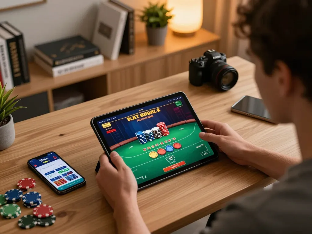 Player engaged with 78wim casino app on tablet as bright poker game unfolds, blending home comfort with strategy.