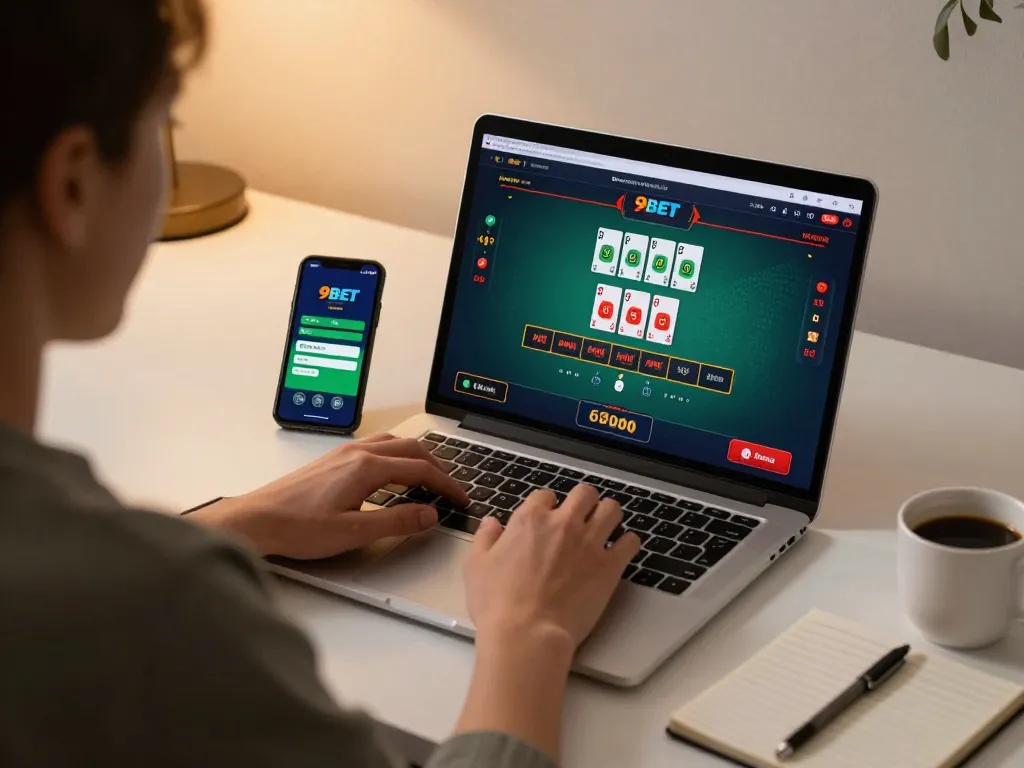 Player engaging with a live blackjack game on 9BET using a laptop, showcasing an immersive online experience.
