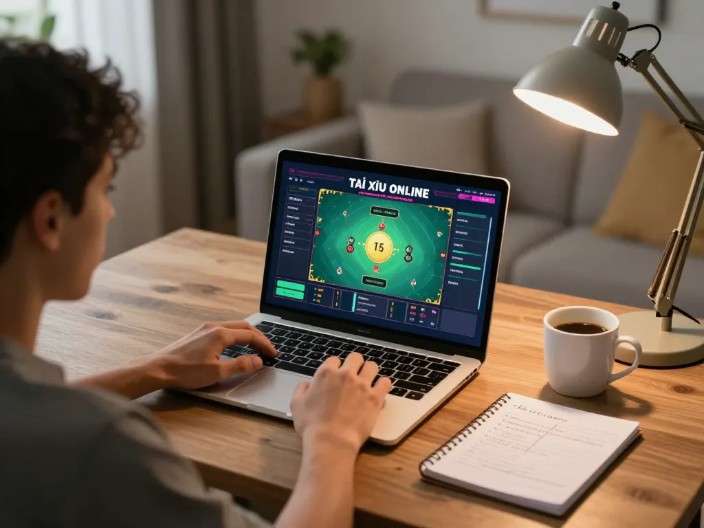 Tài Xỉu Online gaming on a laptop in a cozy home setup, with strategy notes visible.