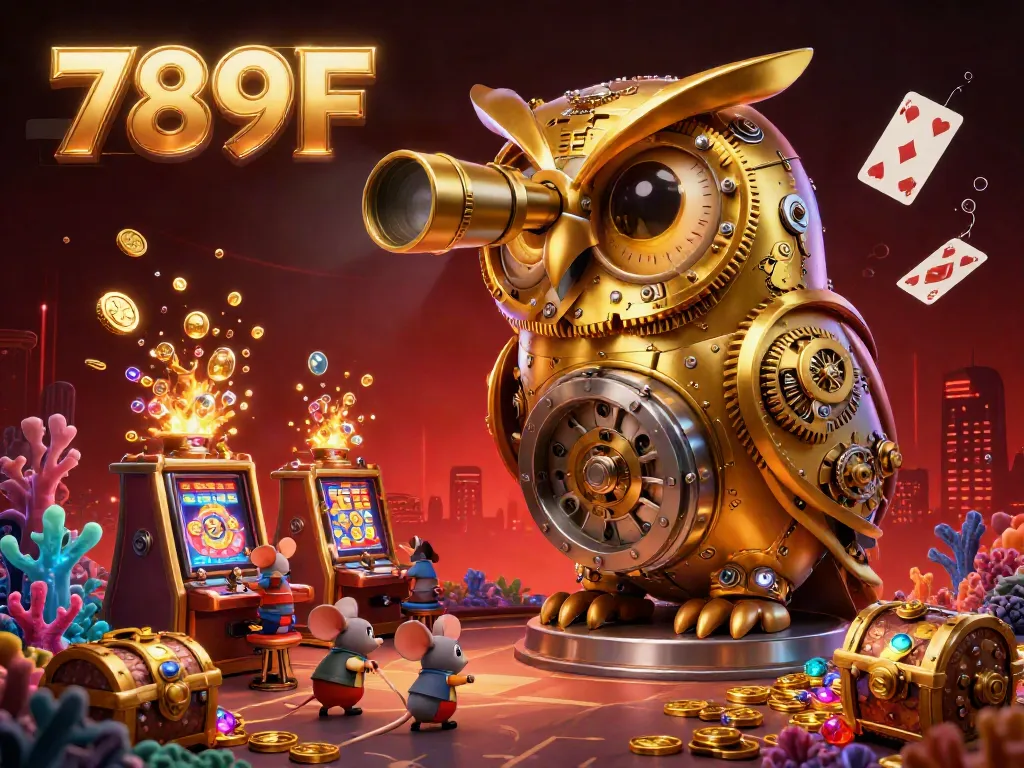 Engage in thrilling casino action with 789F's vibrant owl guardian overseeing a colorful gaming floor.