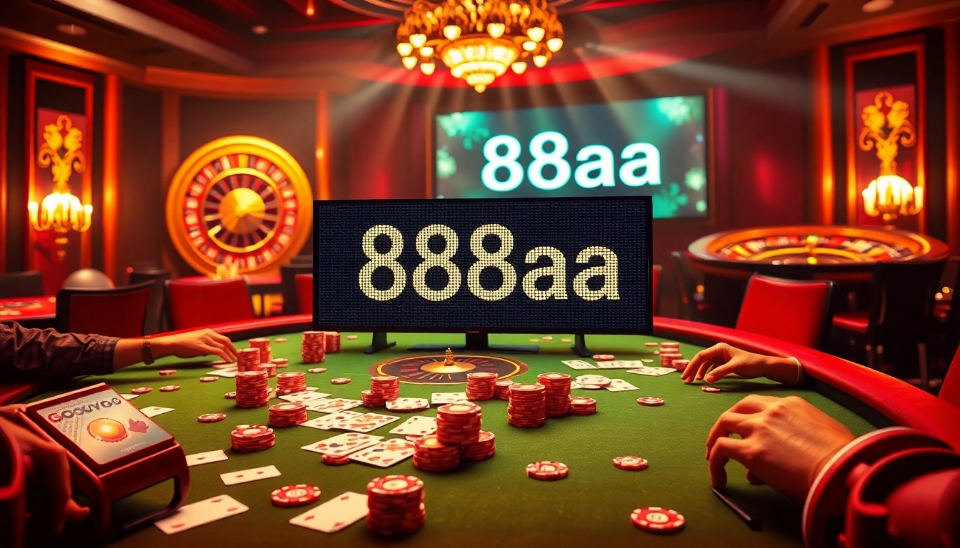 Engaged players enjoy a vibrant poker game at 88aa, surrounded by chips and a roulette wheel.
