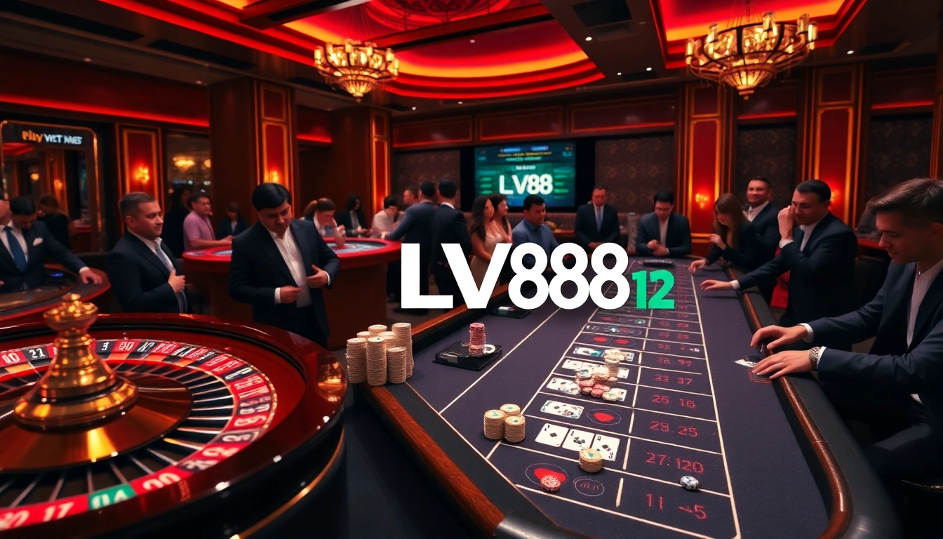 Engage in thrilling gameplay at LV88 with poker chips and a vibrant roulette wheel.