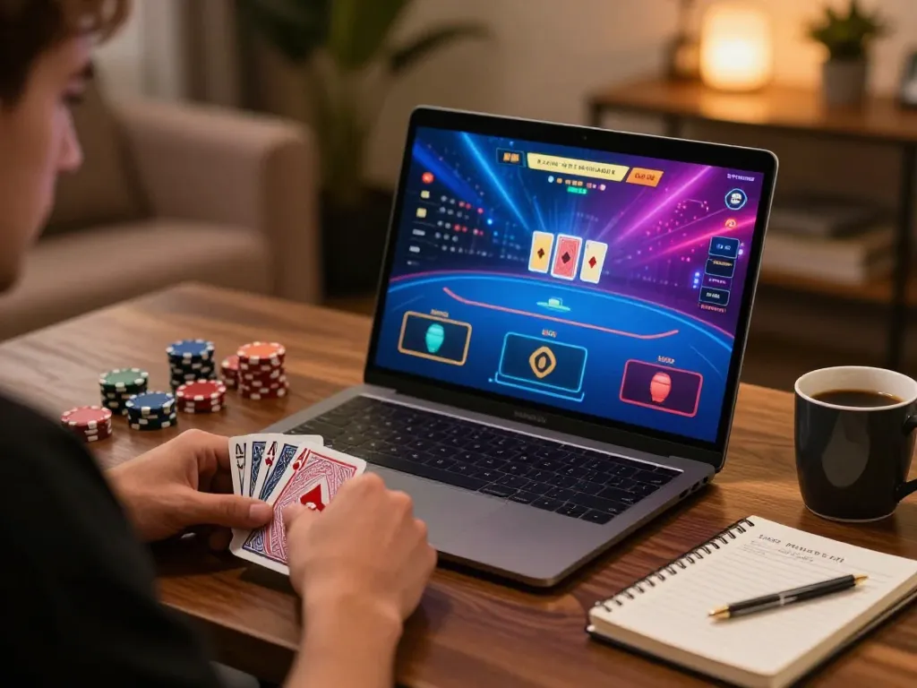 Focused player at nhà cái luck8 engaged in thrilling online poker game, showcasing strategy and gameplay.