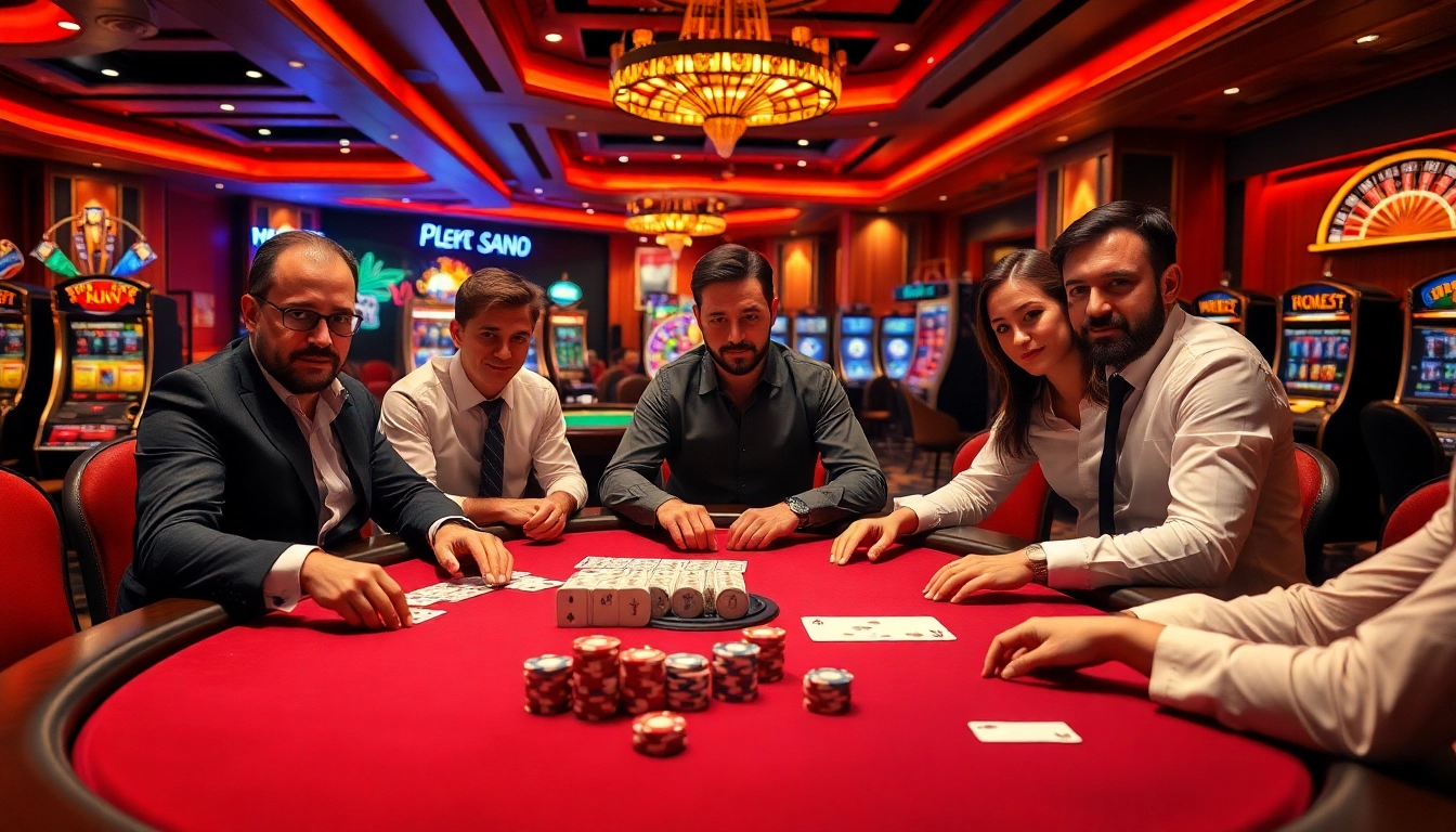 Players strategizing during a thrilling poker game at https://www.bdtk66.blog/, surrounded by vibrant casino elements.