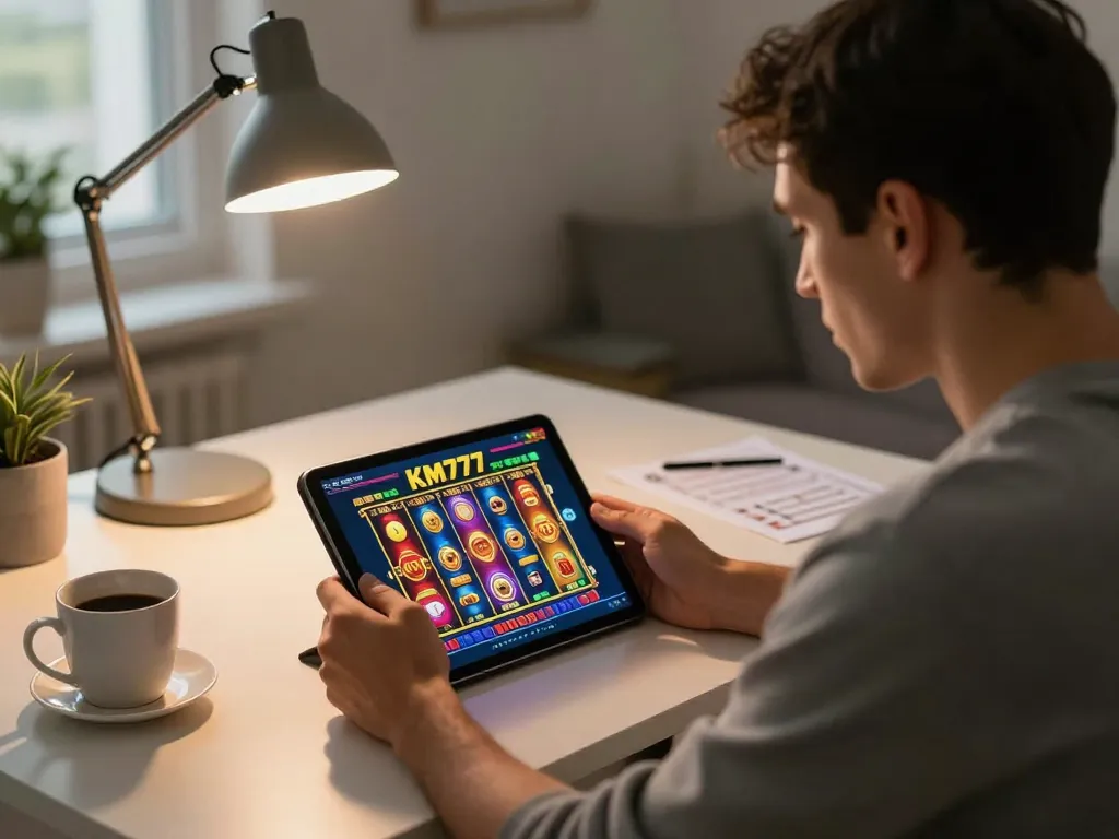 Engaging user playing km777 online slot game on tablet, illustrating strategic home gaming.