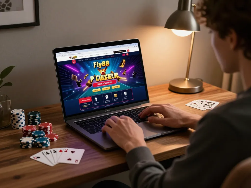 Engaging gameplay on fly88 casino platform with vibrant online interface and excited user at home.