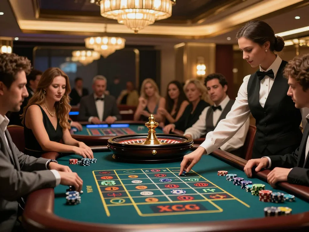 Players at XXGG casino engaging in an exciting roulette game with colorful chips and dynamic atmosphere.