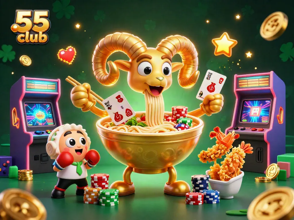 Join the excitement at 55 club with vibrant characters and casino elements in this dynamic illustration.