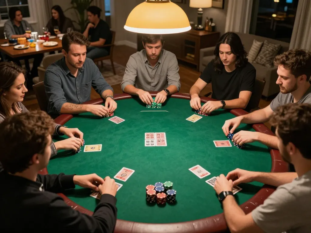 Friends playing poker during a home game night, showcasing cm88 okvip strategy and social interaction.