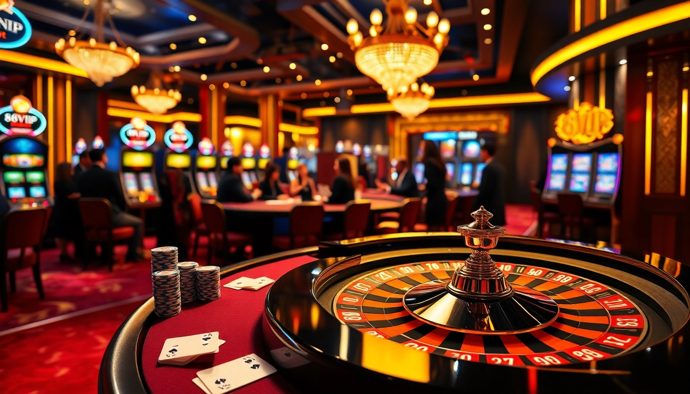 Gambling excitement at 68VIP casino with poker chips and roulette wheel, creating a vibrant atmosphere.