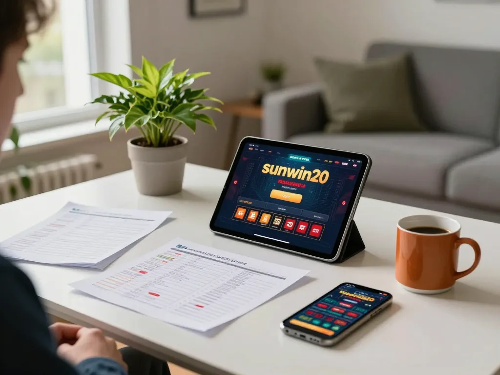 Engaged player using the sunwin20 app for online casino gaming, surrounded by strategy notes and a vibrant home setting.